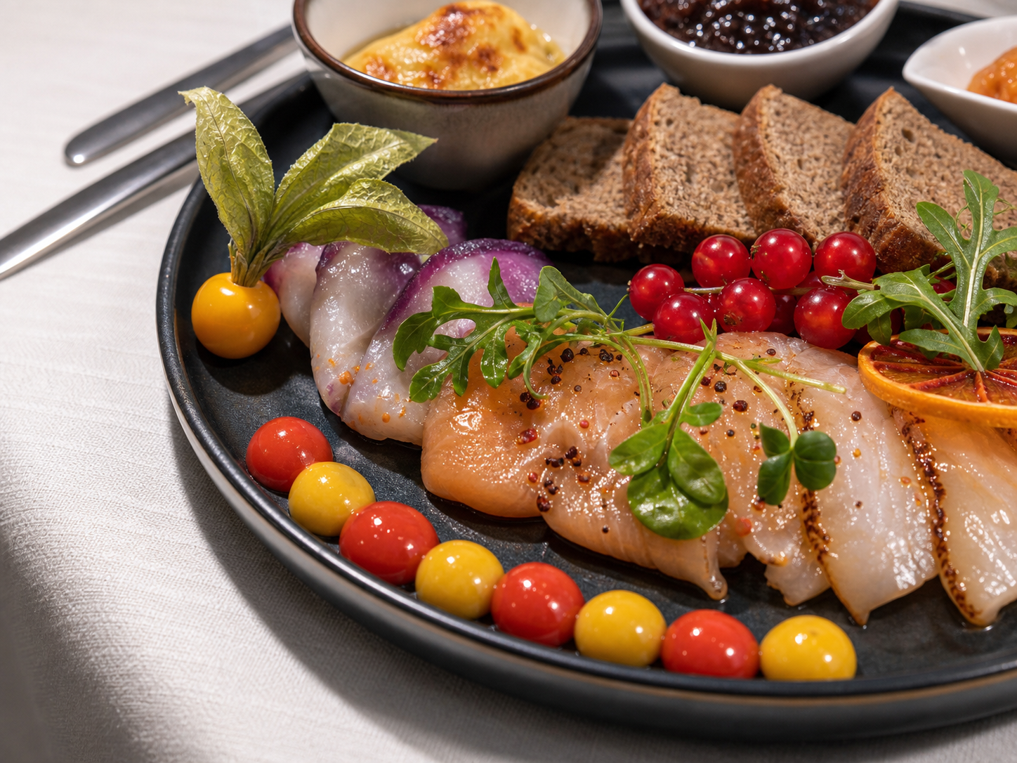 Crudi di mare con pomodorini colorati, conserve e pane