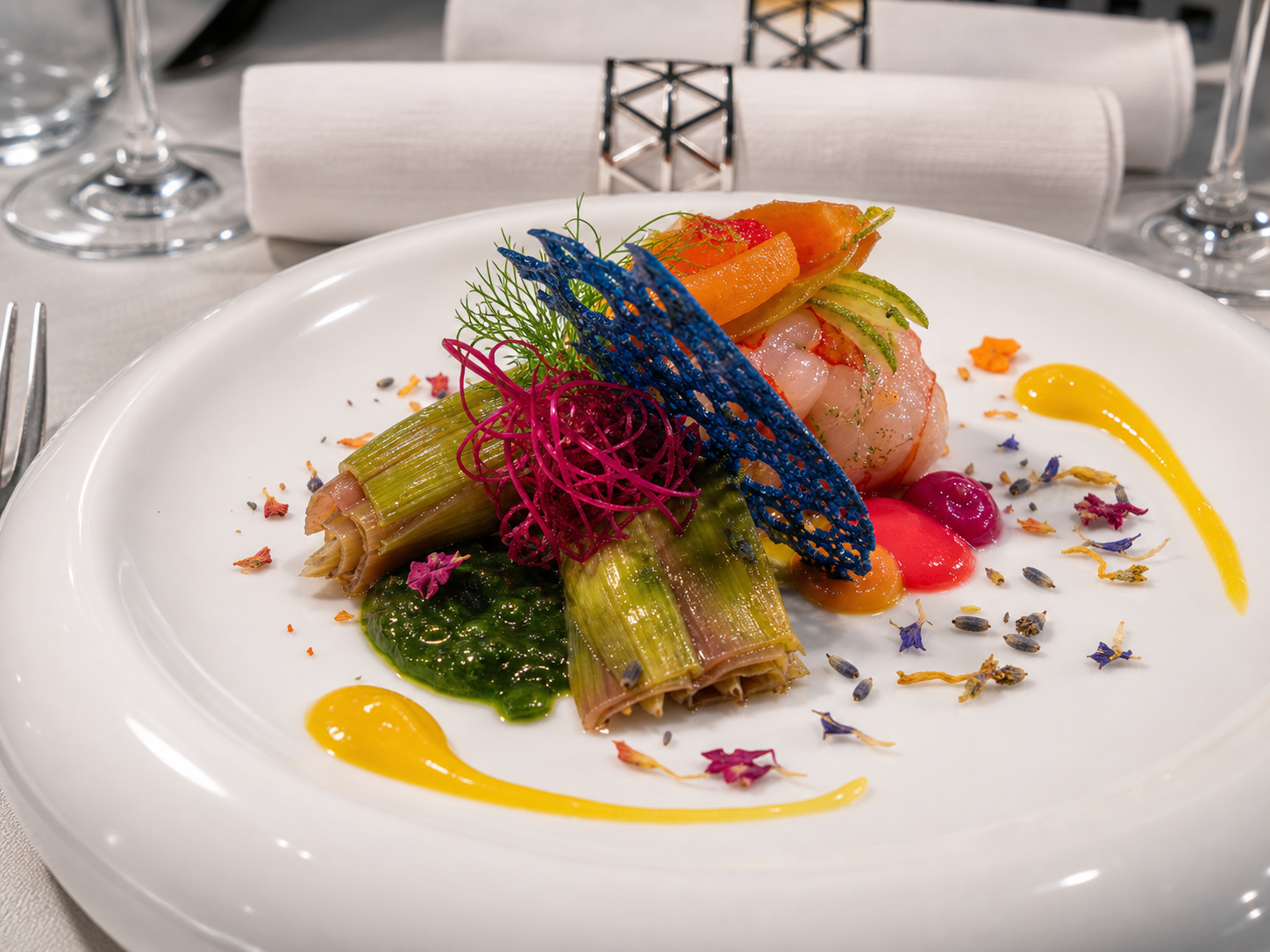 Gamberi e verdure con salsa gialla su piatto bianco