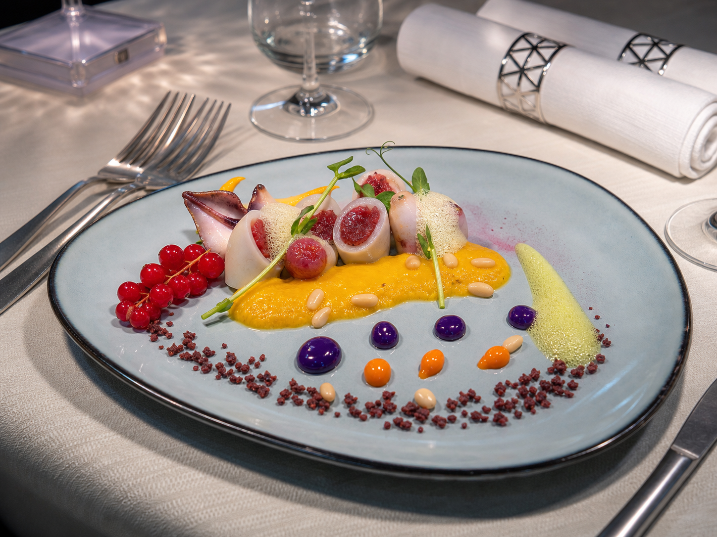 Piatto colorato con filetti di pesce, ribes e salse