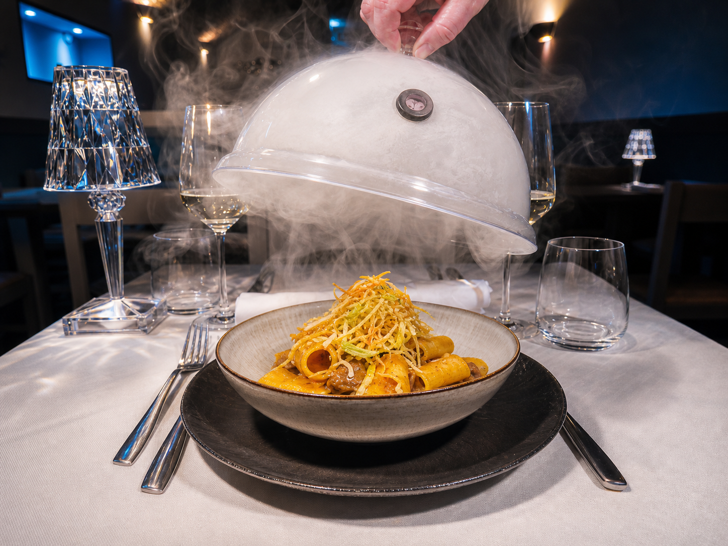 Piatto di pasta scoperto da una cloche con vapore