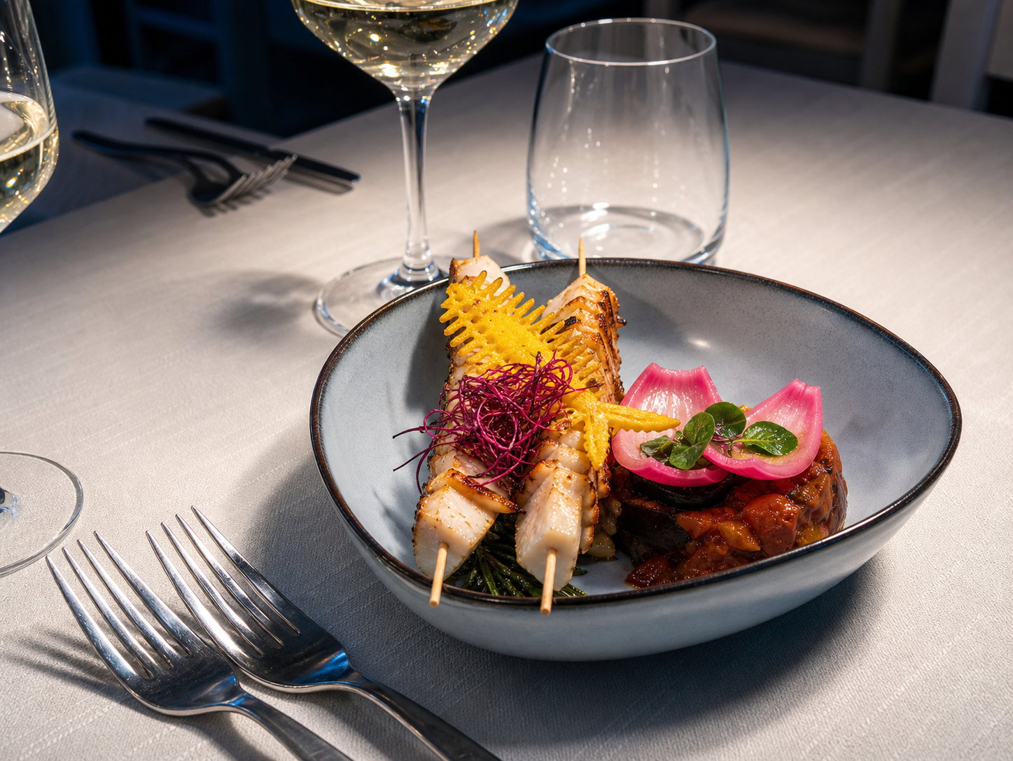 Spiedini di mare con verdure viola, salsa e calice sul tavolo