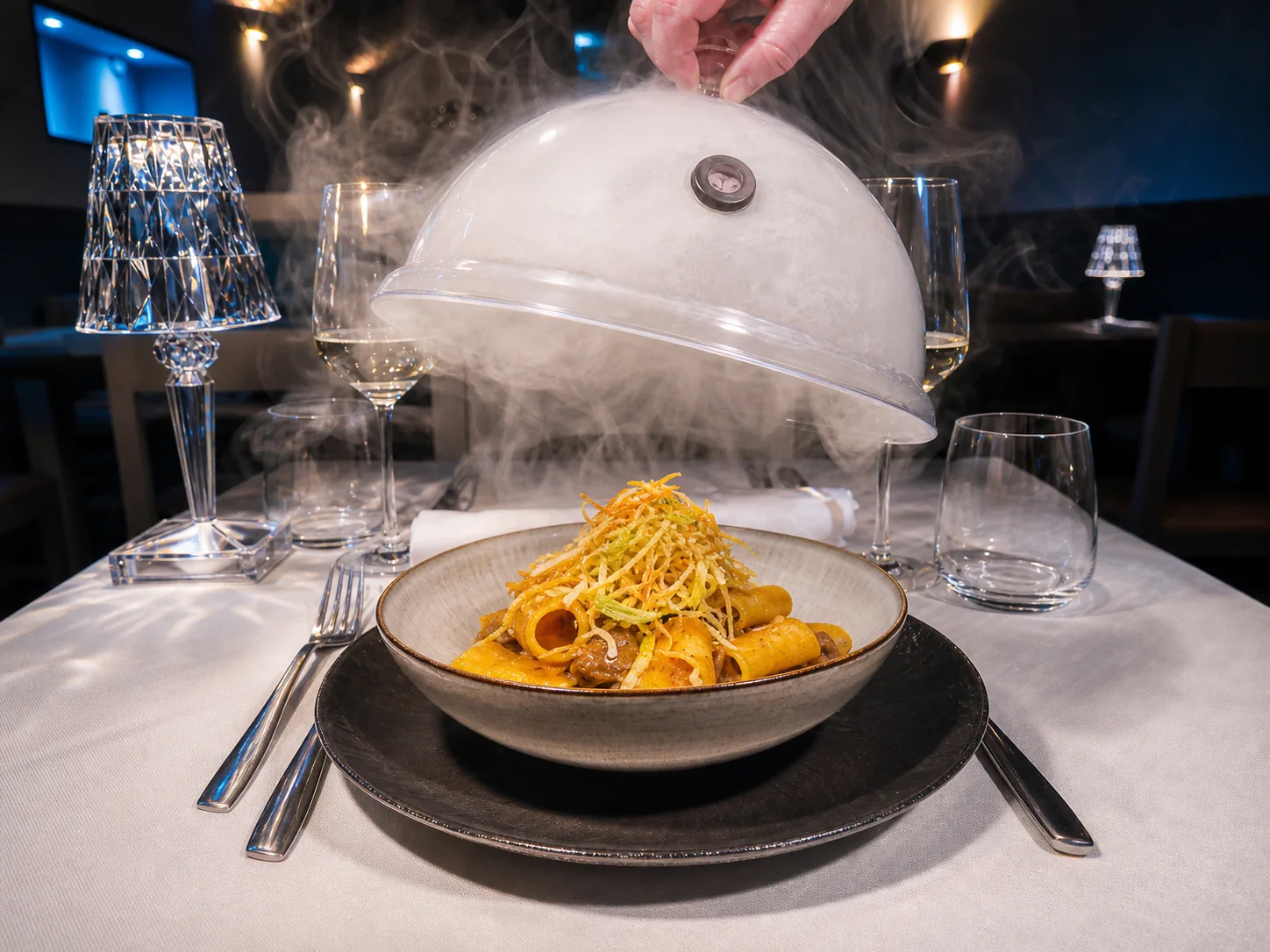Piatto di pasta scoperto da una cloche con vapore