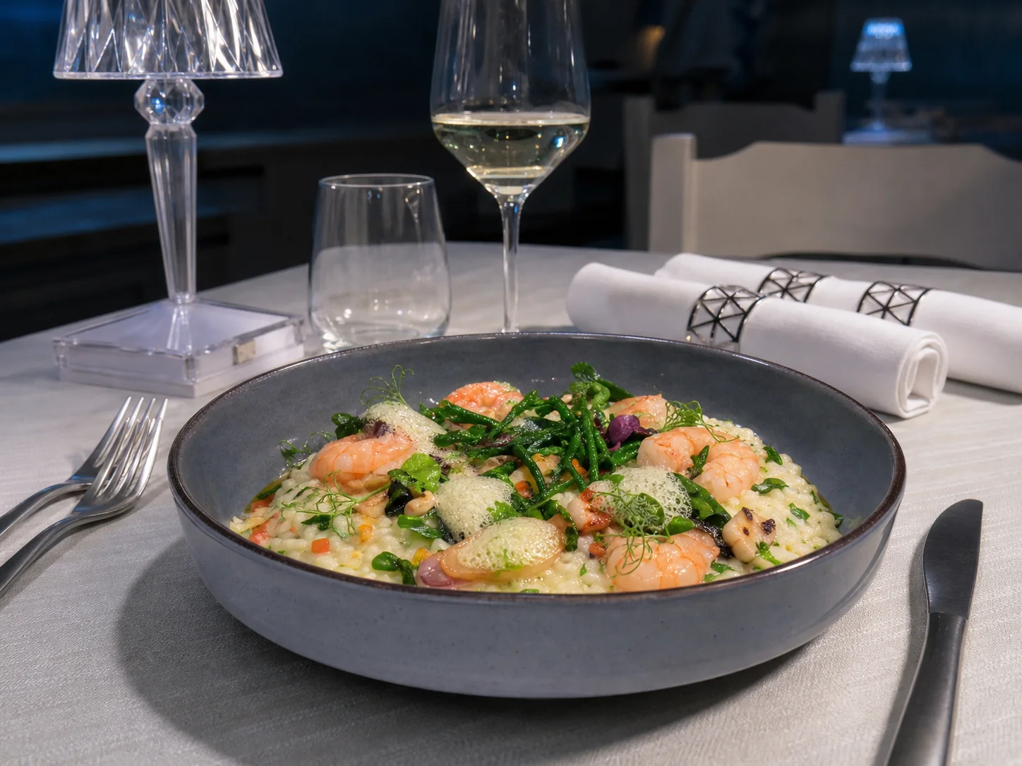Riso di mare con mazzancolle in piatto fondo grigio